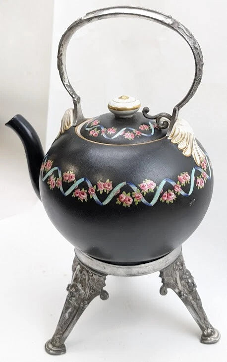 Antique Teapot Kettle on Stand Victorian Meriden Silver Plate Porcelain Enamel | eBay