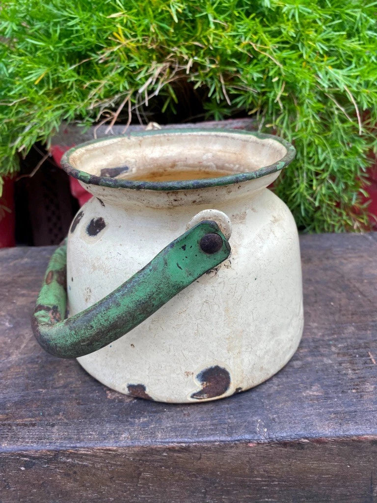 Collectible Old Cream Green Rustic Enamel Porcelain Teapot Tea Kettle | eBay
