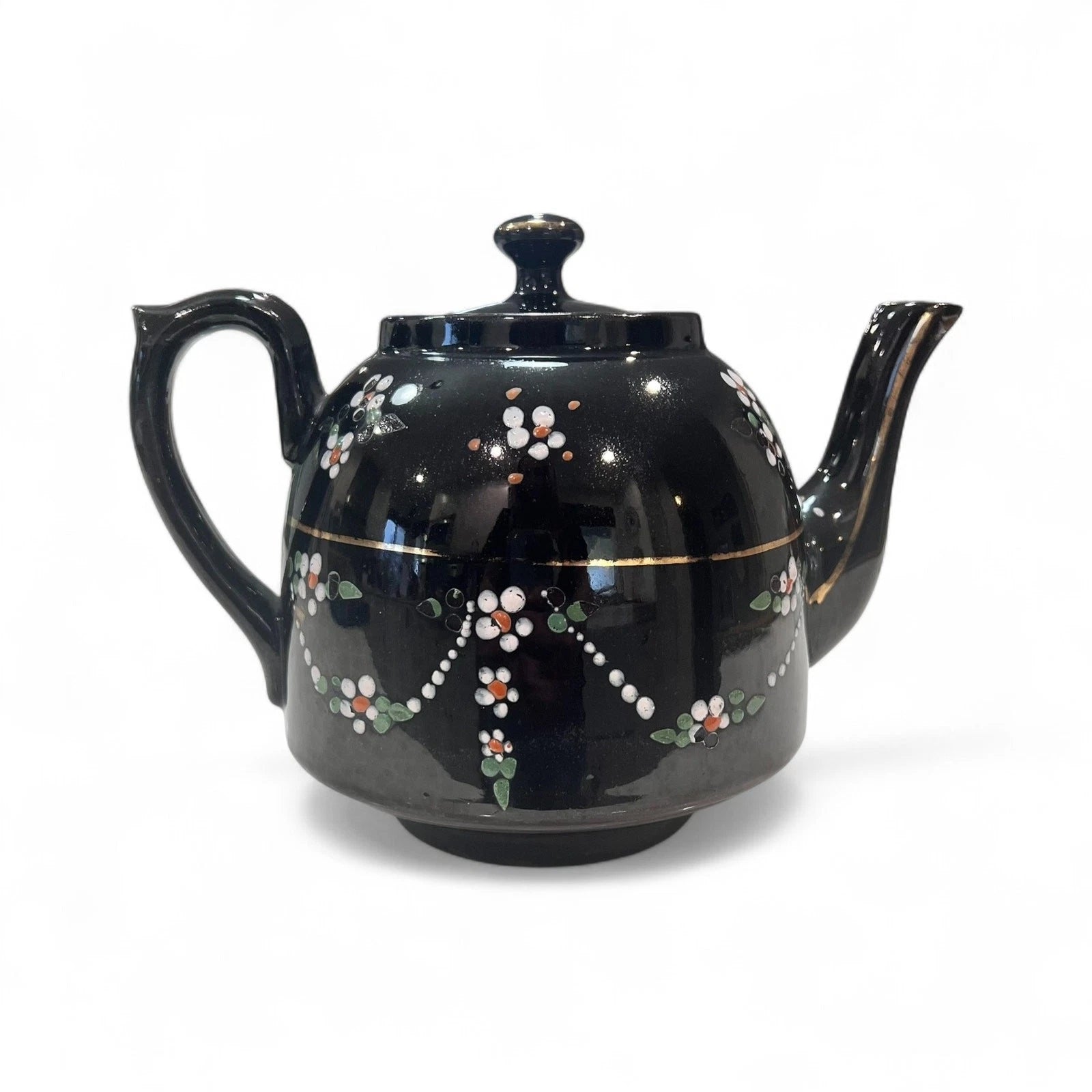 Vintage Black Glazed Teapot with Hand Painted Enamel Flowers & Gold Trim c1930s | eBay