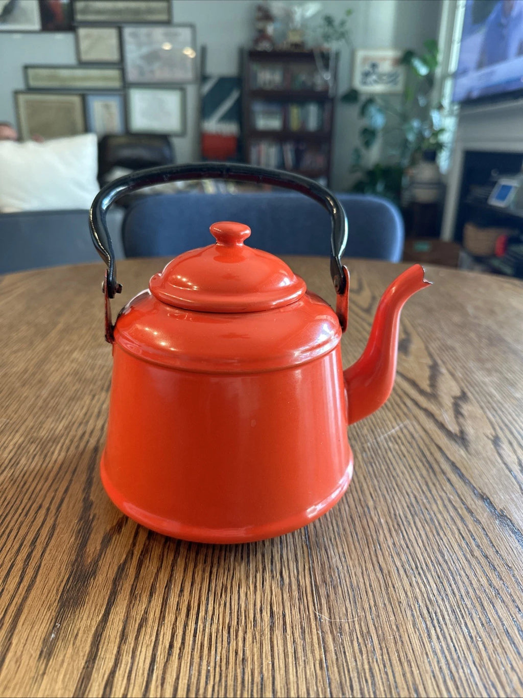 Red Enamel Tea Pot Mid Century Black Enamel Handle Vintage | eBay