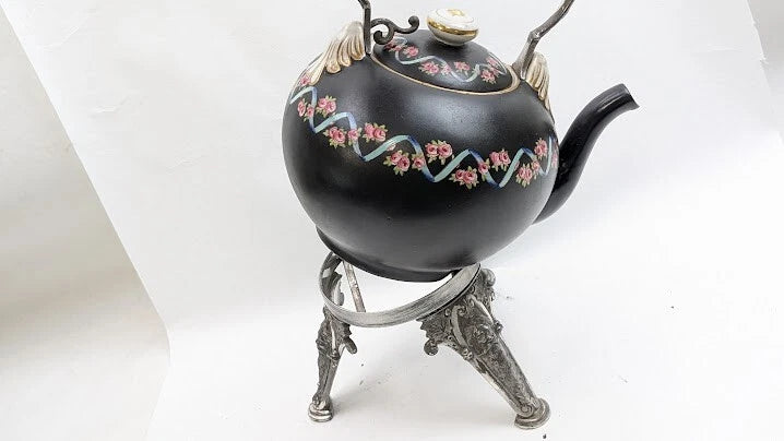 Antique Teapot Kettle on Stand Victorian Meriden Silver Plate Porcelain Enamel | eBay
