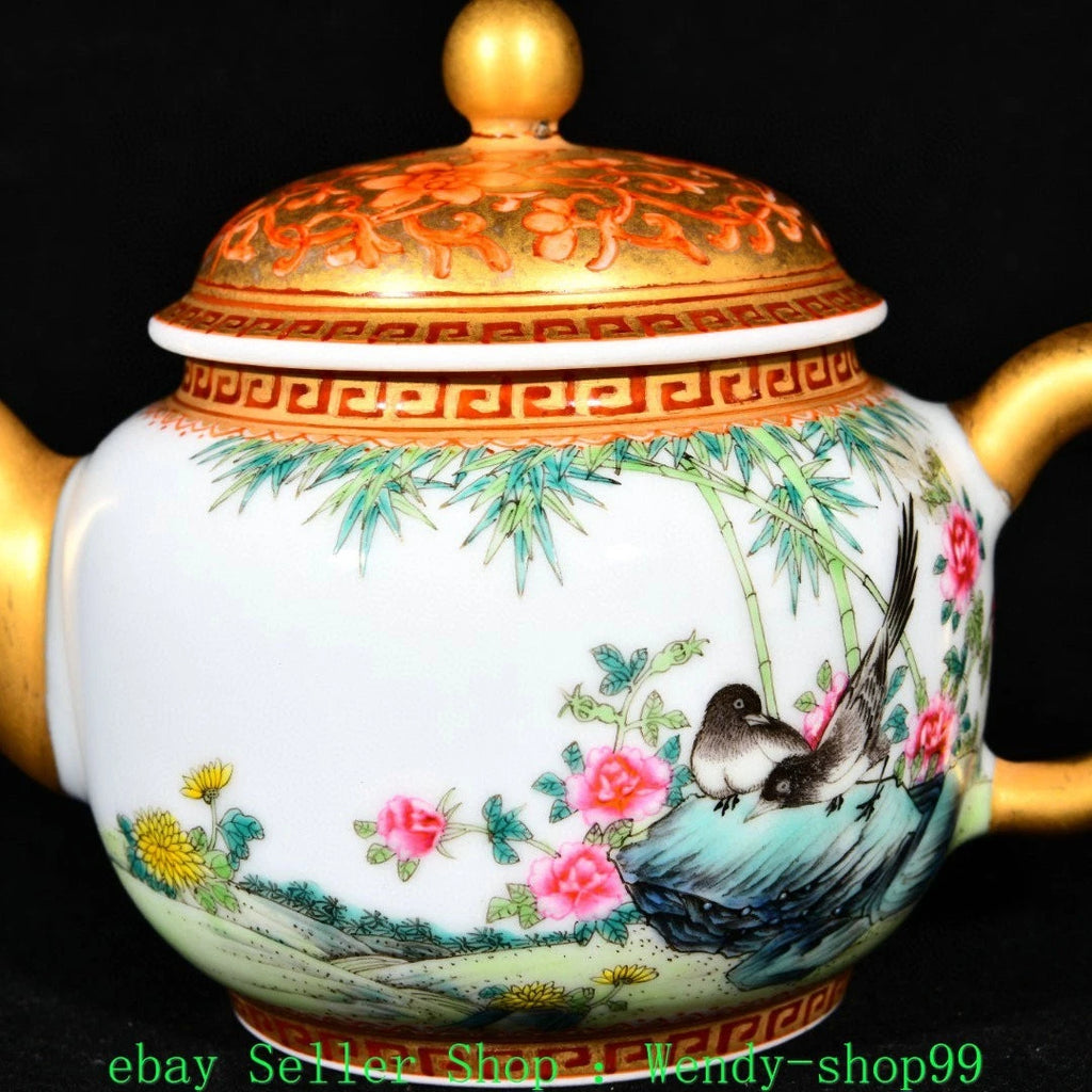 5" YongZheng Marked Colour Enamel Porcelain Gilt Bamboo Plum Magpie Bird Teapot | eBay