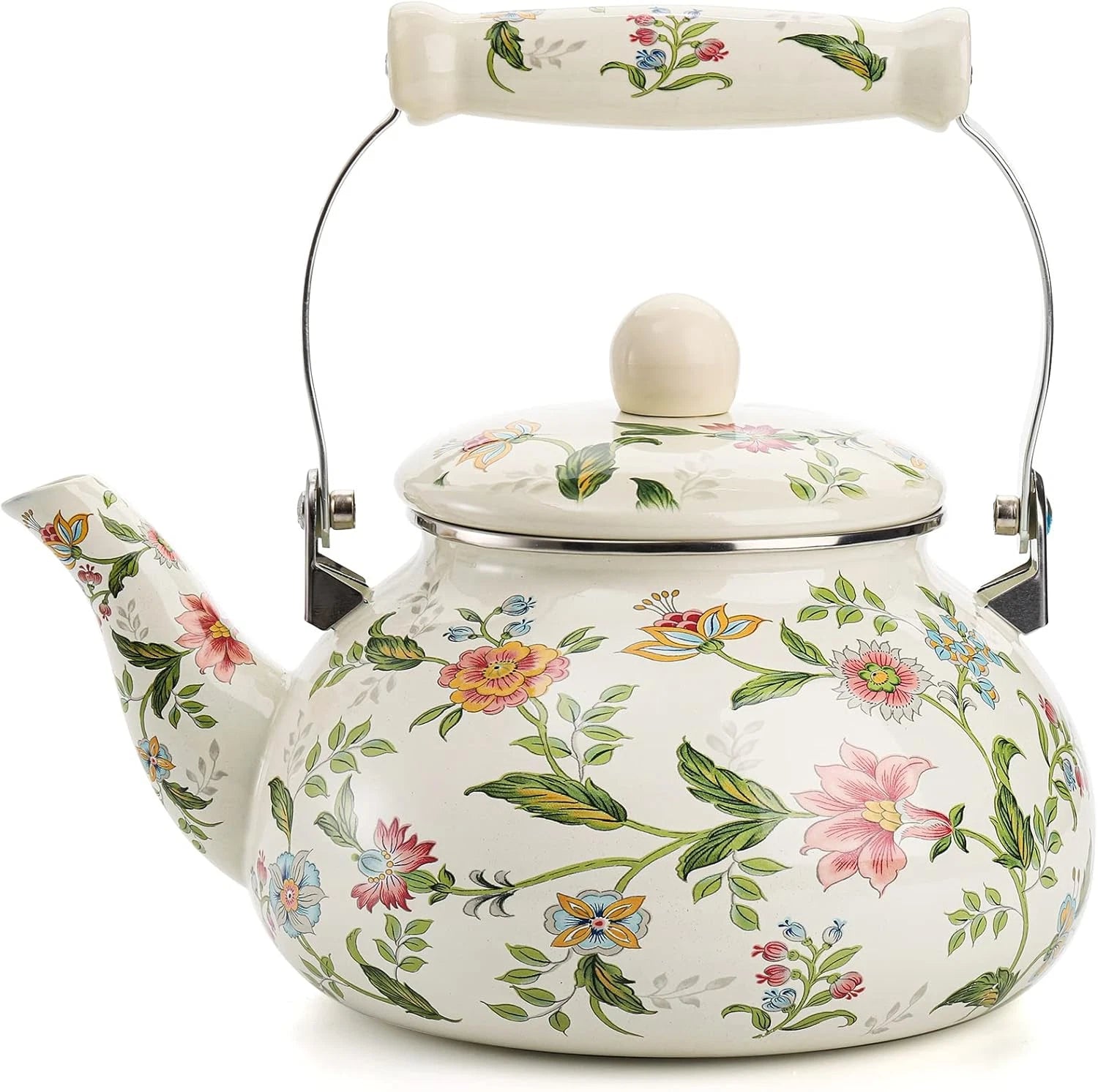 2.6 Quart Vintage Enamel Tea Kettle Green Floral Enamel on Steel Teapot with ... | eBay