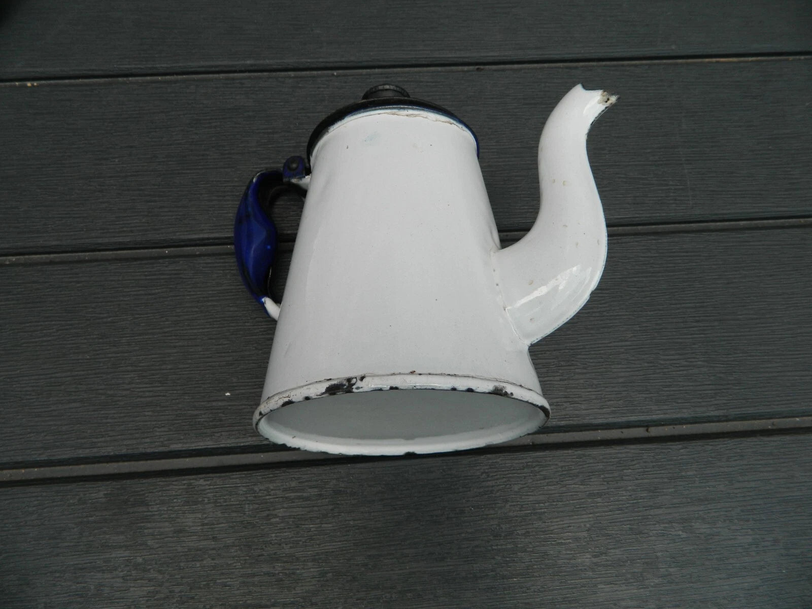 Primitive White Enamelware teapot with black top blue handle 3" diameter | eBay