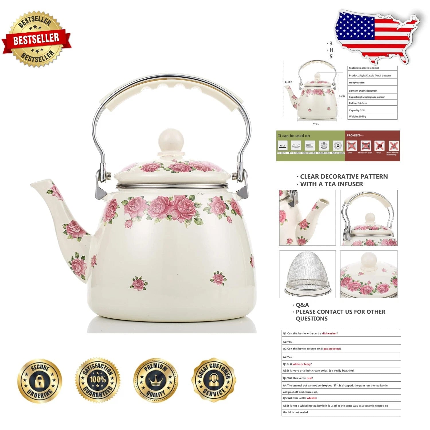 Elegant Porcelain Tea Kettle - 3.3L Enamel Teapot with Whistling Feature | eBay
