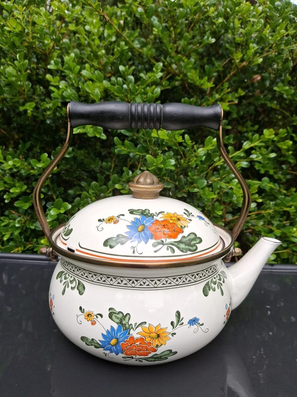 Vtg Enamel Ware Floral Teapot Kettle With Wooden Handle Normandy | eBay