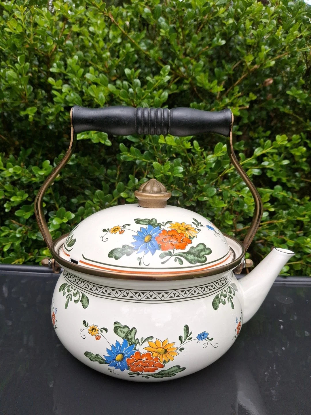 Vtg Enamel Ware Floral Teapot Kettle With Wooden Handle Normandy | eBay