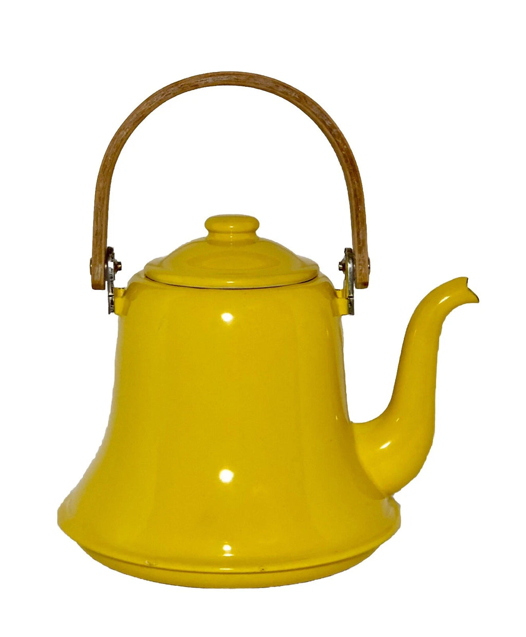 Vintage MCM Vibrant Yellow Enamel Tea Pot Teak Bent Wood Handle | eBay
