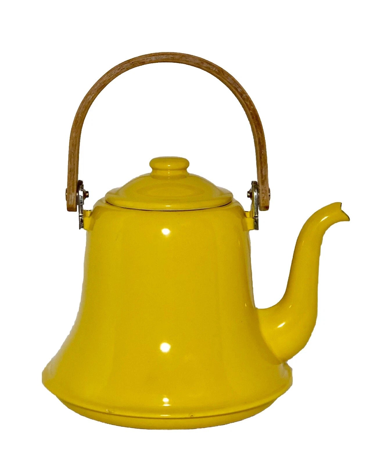 Vintage MCM Vibrant Yellow Enamel Tea Pot Teak Bent Wood Handle | eBay