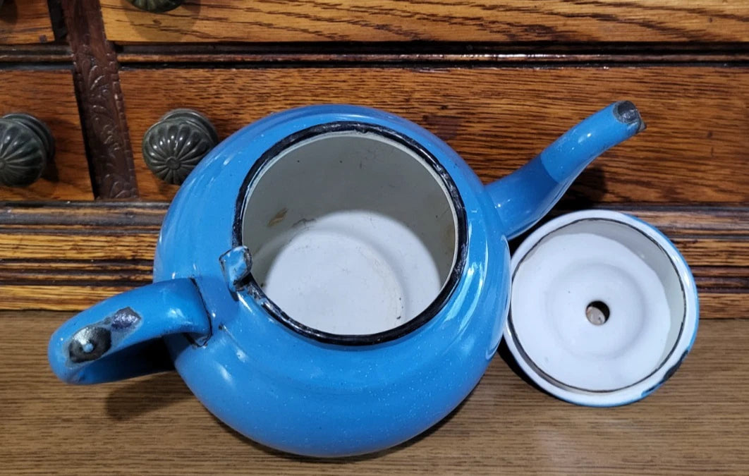 Vintage Small Gooseneck Enamelware Tea Kettle Coffee Pot Blue Teapot Collector | eBay