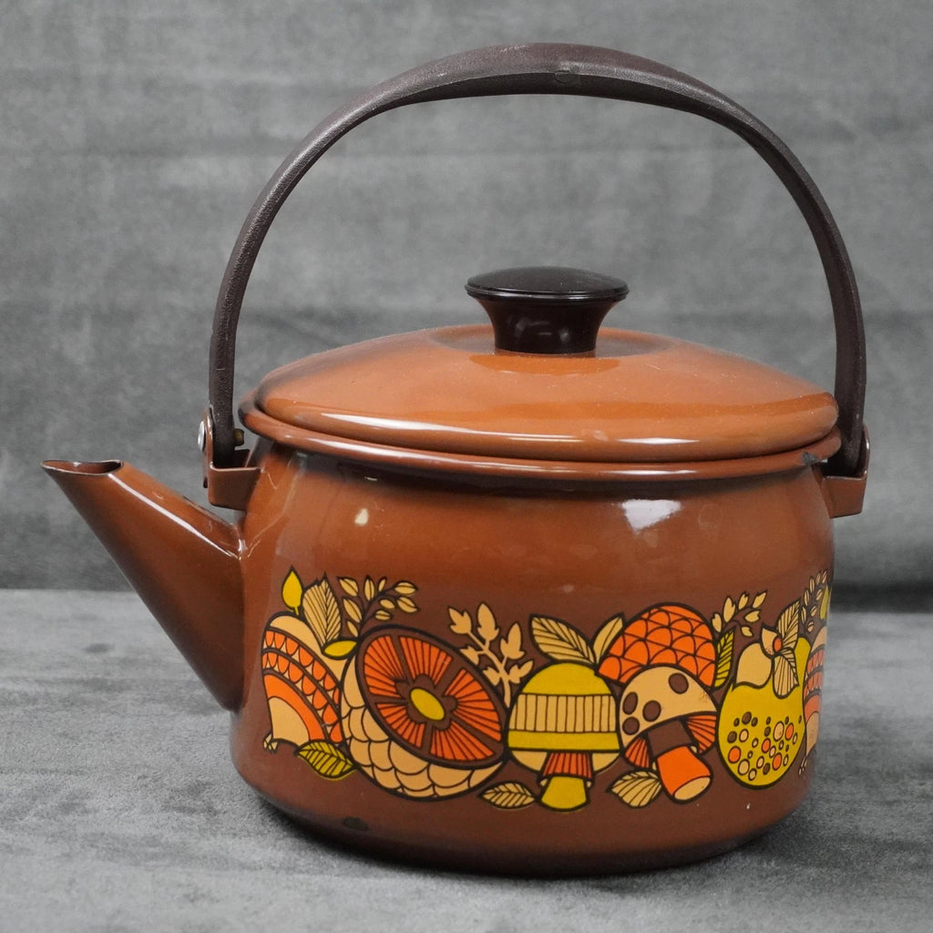 Vintage Brown Enamel Teapot Mushroom Floral Design Metal Handle Retro Kettle 70s | eBay
