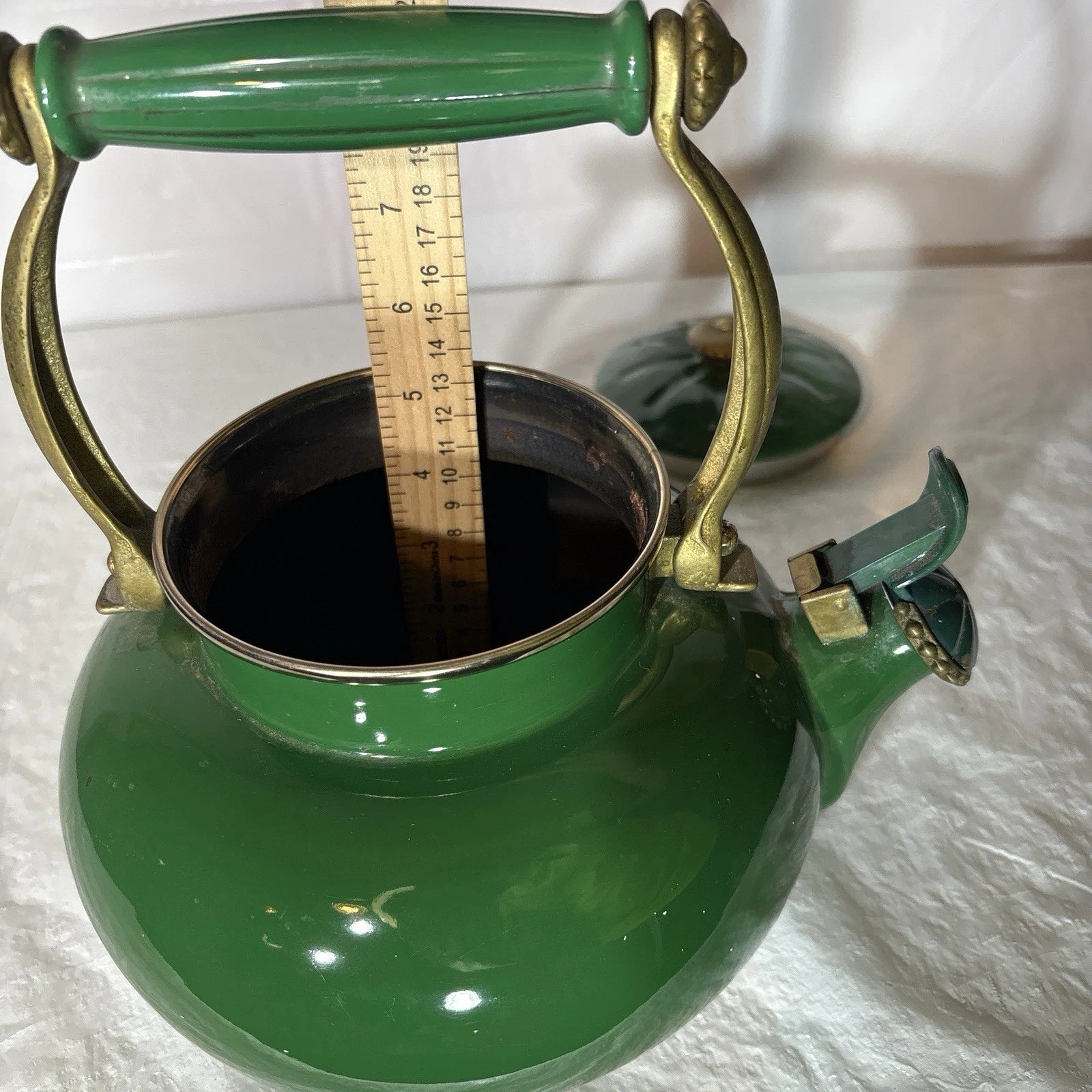 Vtg Ancona green enamel stainless steel teapot kettle/ brass handle, decorative | eBay