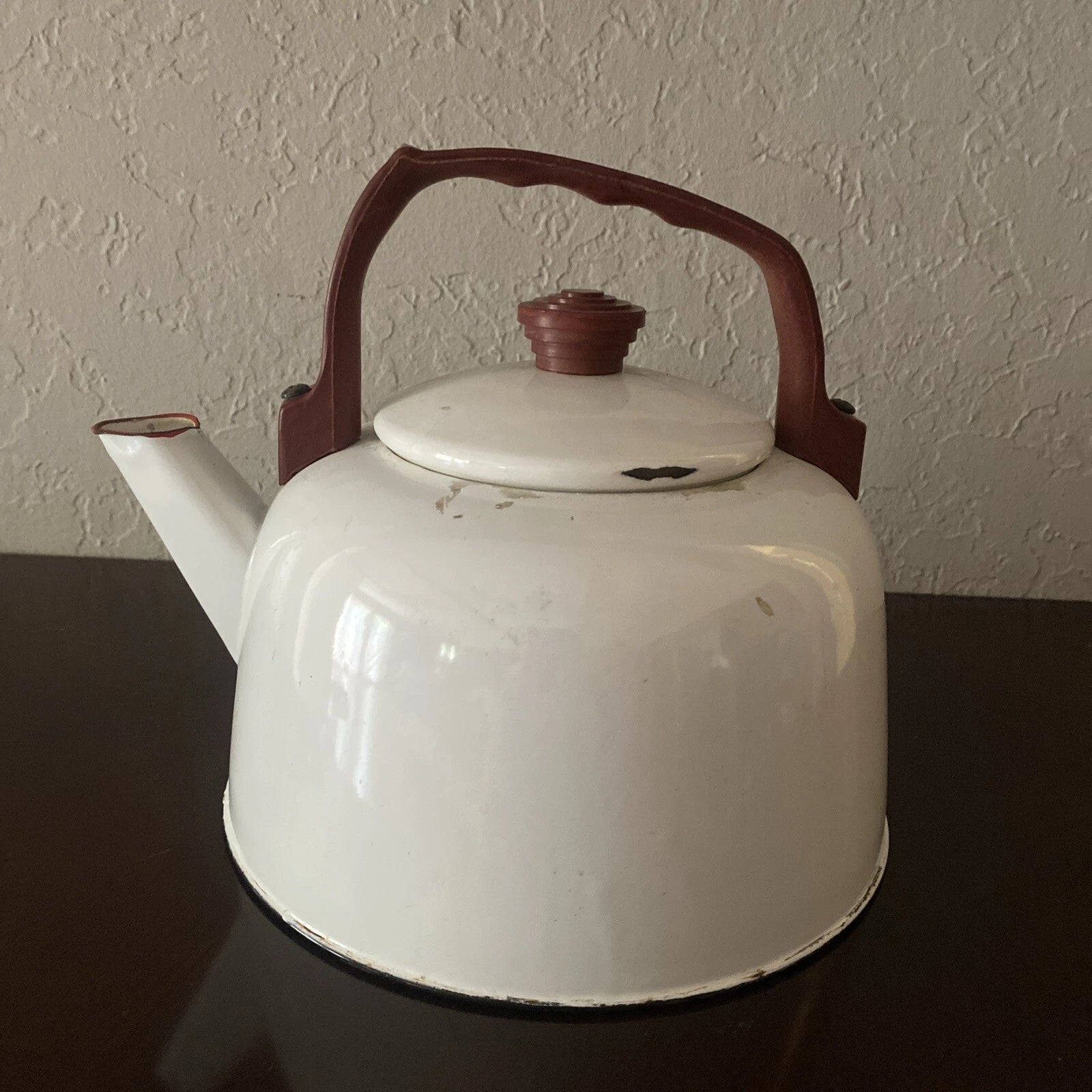 Vintage Antique 1920’s Enamel Tea Pot White Red & Brown Trim Very Good Condition | eBay