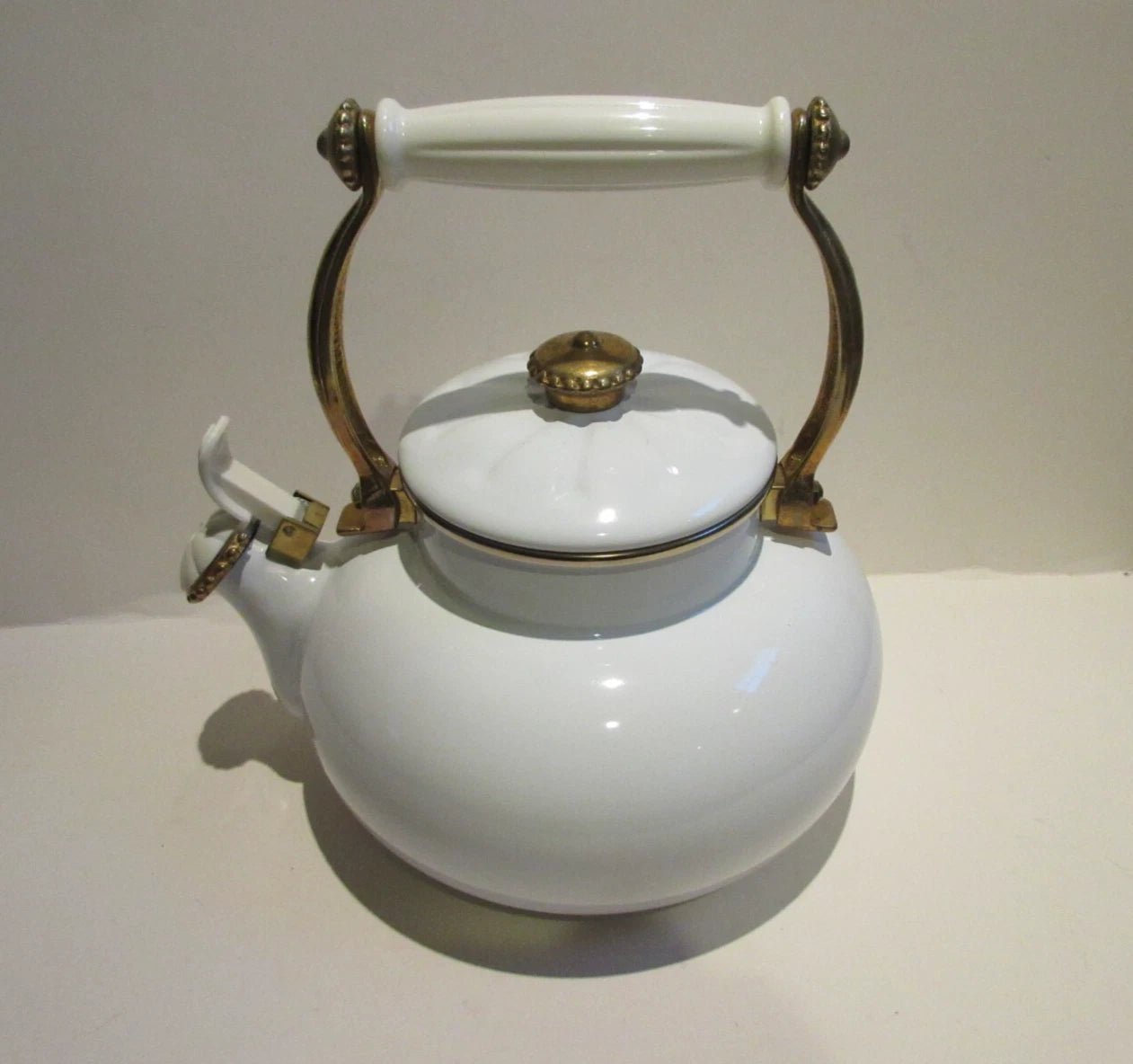 Via Ancona Teapot White Enamel and Antique Brass Finish Whistling Kettle 1998 | eBay