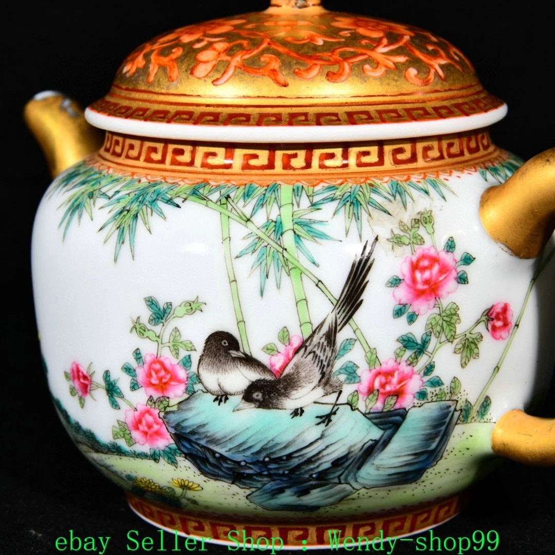 5" YongZheng Marked Colour Enamel Porcelain Gilt Bamboo Plum Magpie Bird Teapot | eBay