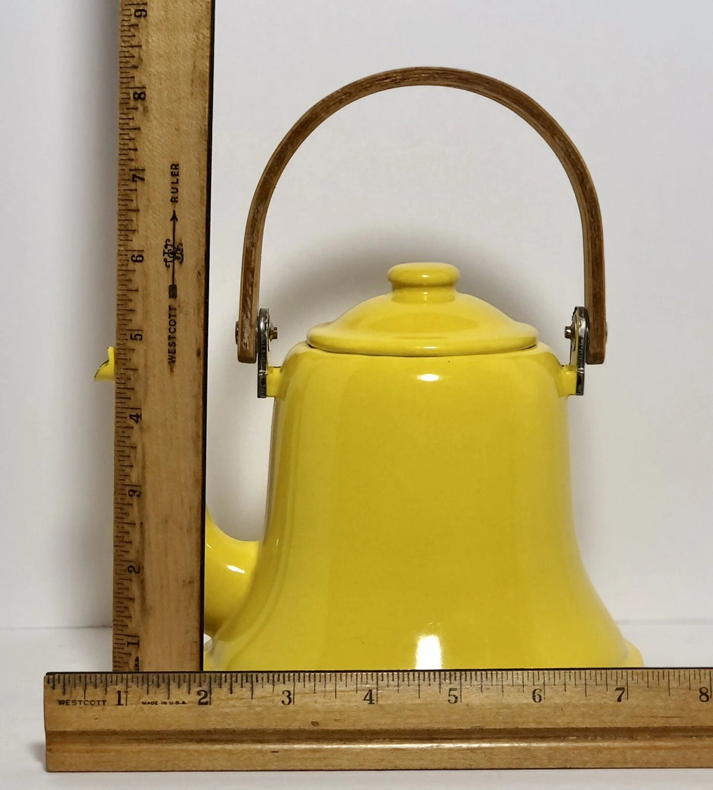 Vintage MCM Vibrant Yellow Enamel Tea Pot Teak Bent Wood Handle | eBay