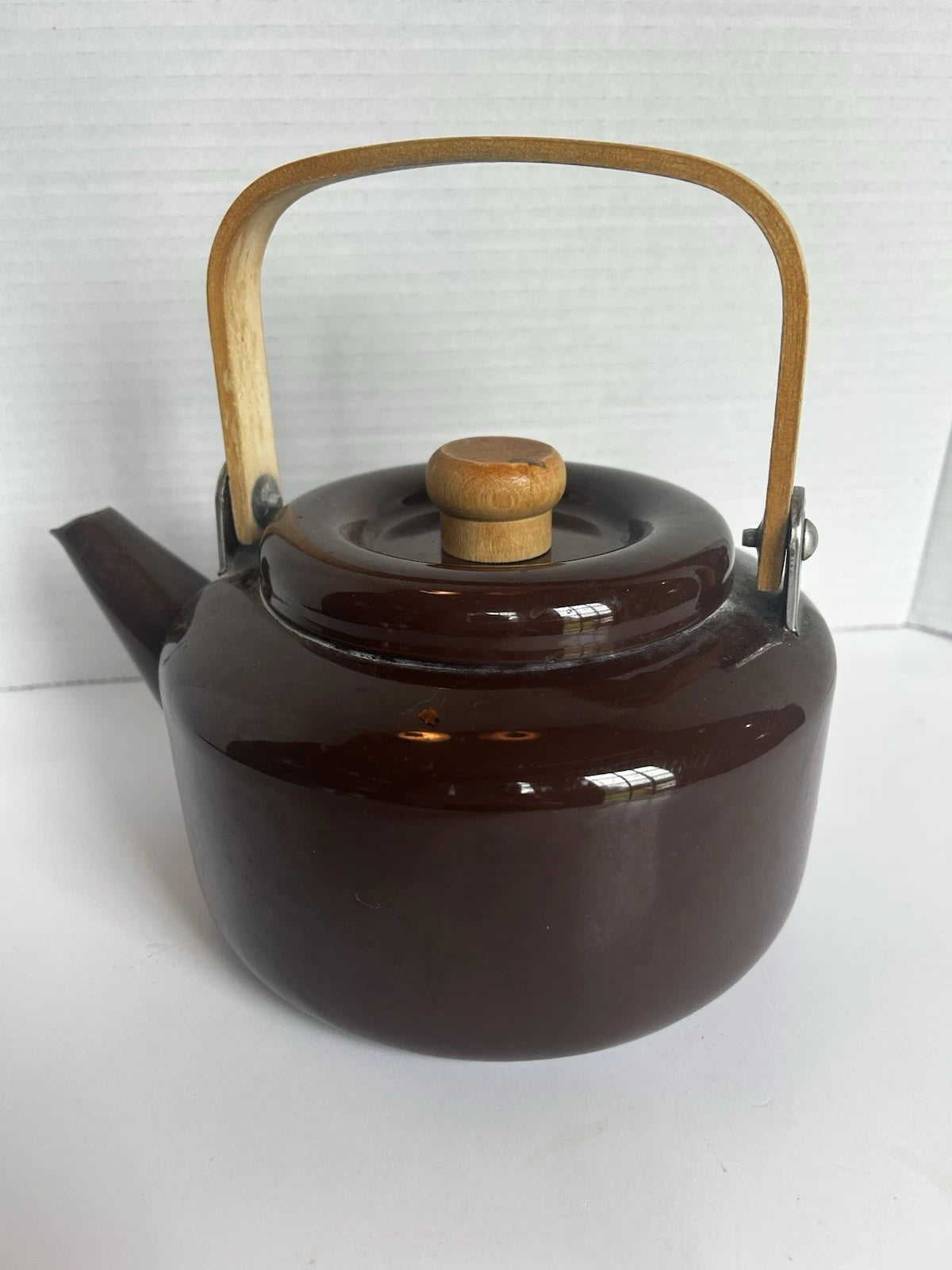 Vintage Brown Enamel Metalware Teapot With Wood Handle And Knob 6”H 9” W Spout | eBay