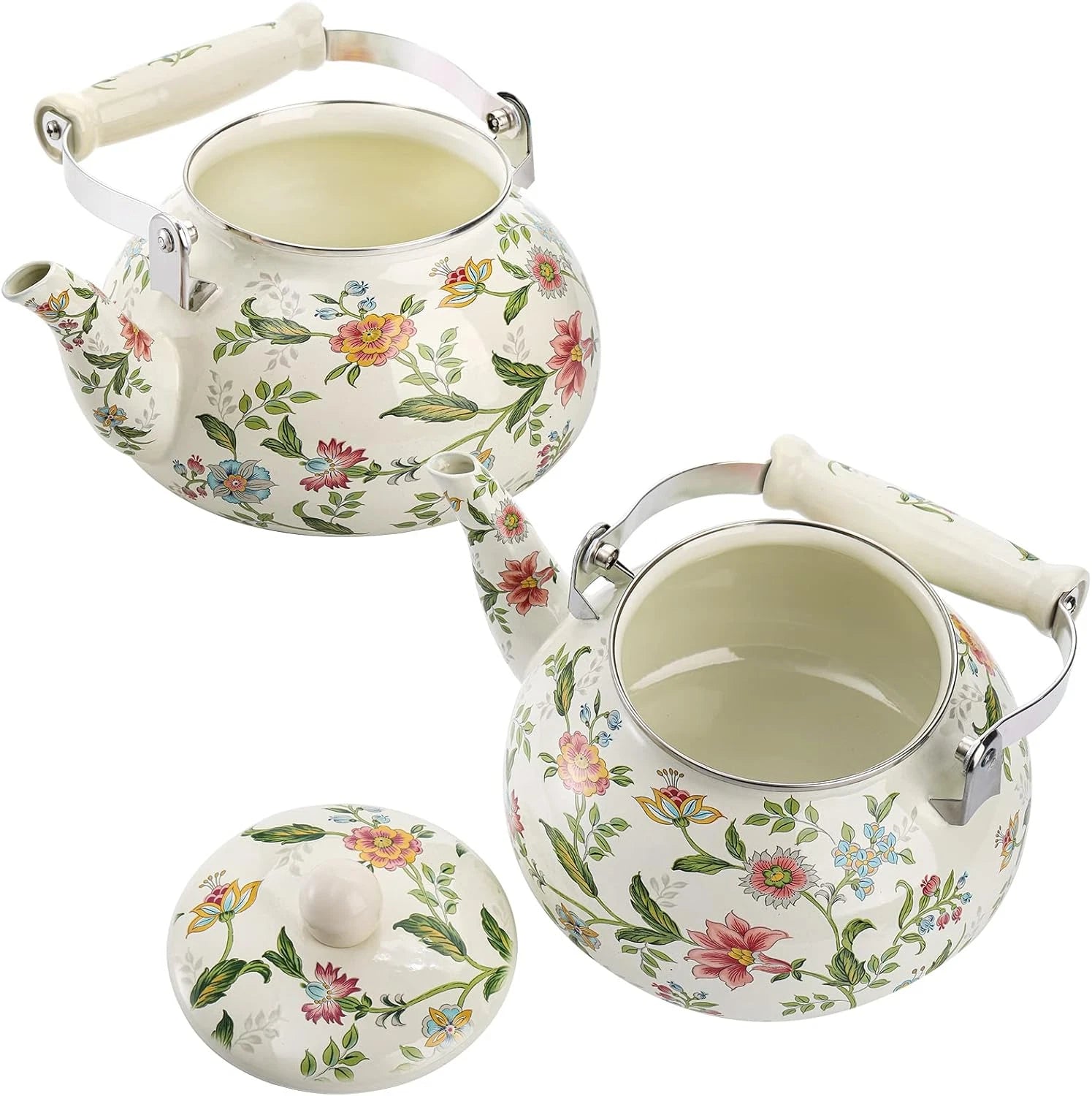 2.6 Quart Vintage Enamel Tea Kettle Green Floral Enamel on Steel Teapot with ... | eBay