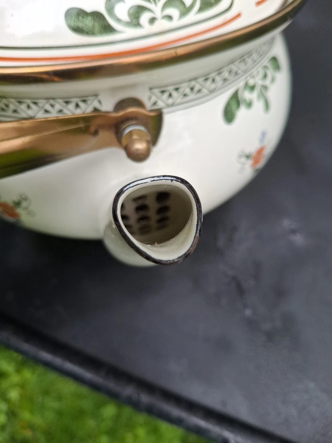 Vtg Enamel Ware Floral Teapot Kettle With Wooden Handle Normandy | eBay