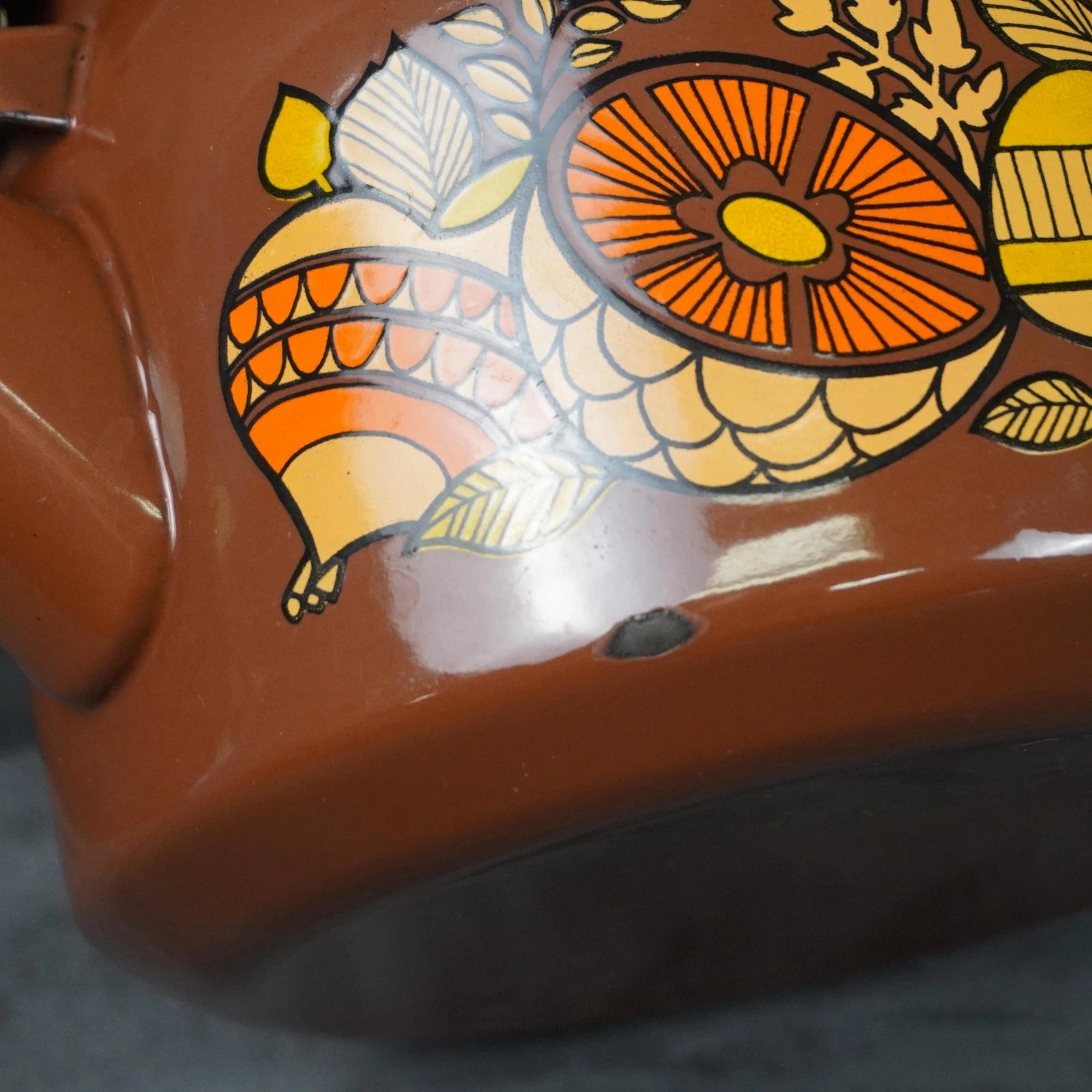 Vintage Brown Enamel Teapot Mushroom Floral Design Metal Handle Retro Kettle 70s | eBay