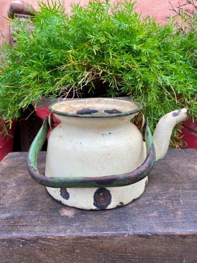 Collectible Old Cream Green Rustic Enamel Porcelain Teapot Tea Kettle | eBay