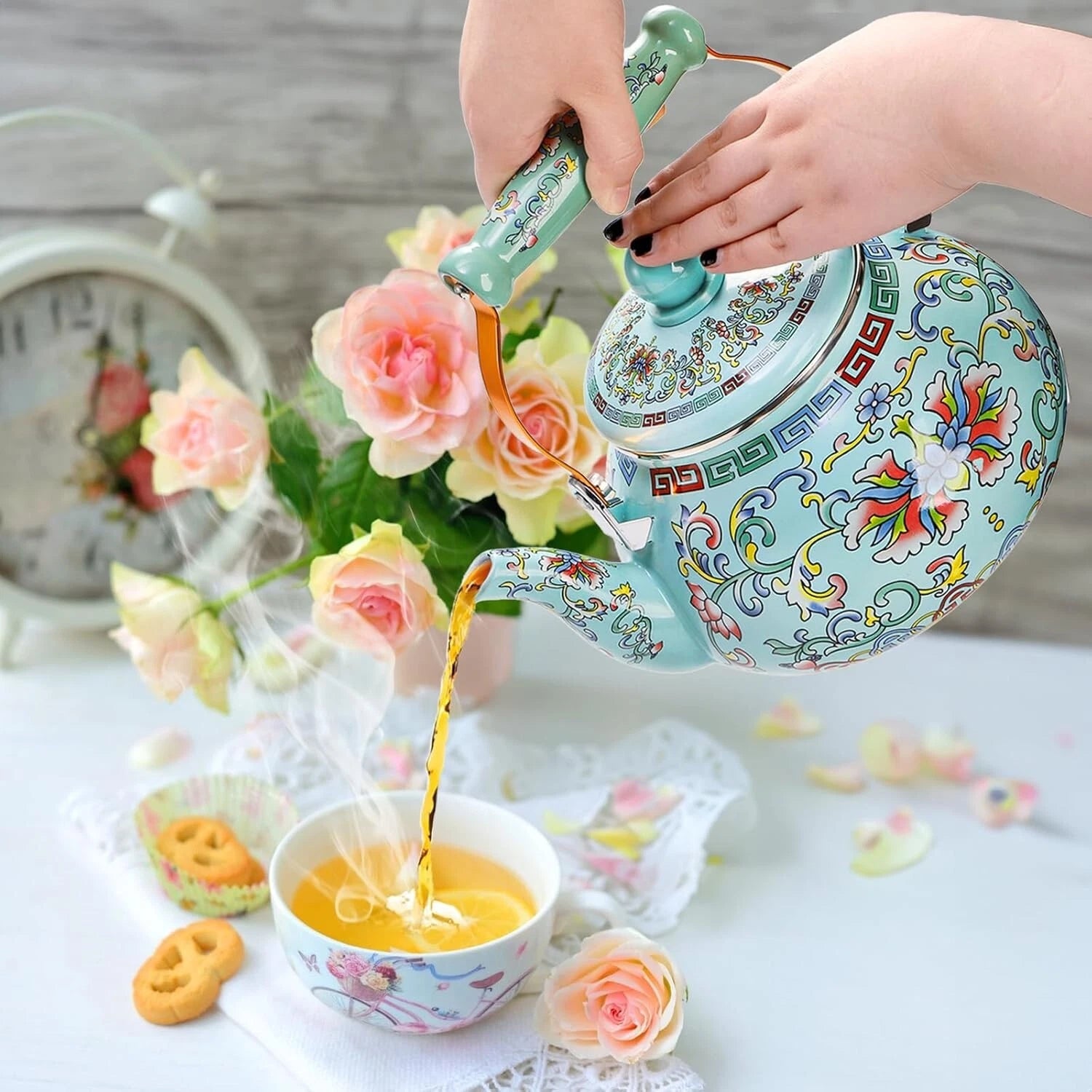2.6 Quart Vintage Enamel Tea Kettle Large Enameled Floral Teapot Flower Enamel | eBay