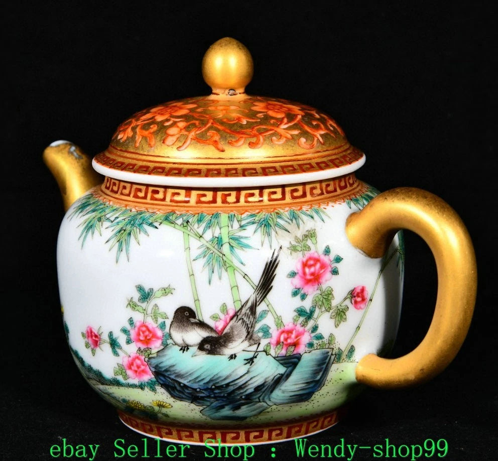 5" YongZheng Marked Colour Enamel Porcelain Gilt Bamboo Plum Magpie Bird Teapot | eBay