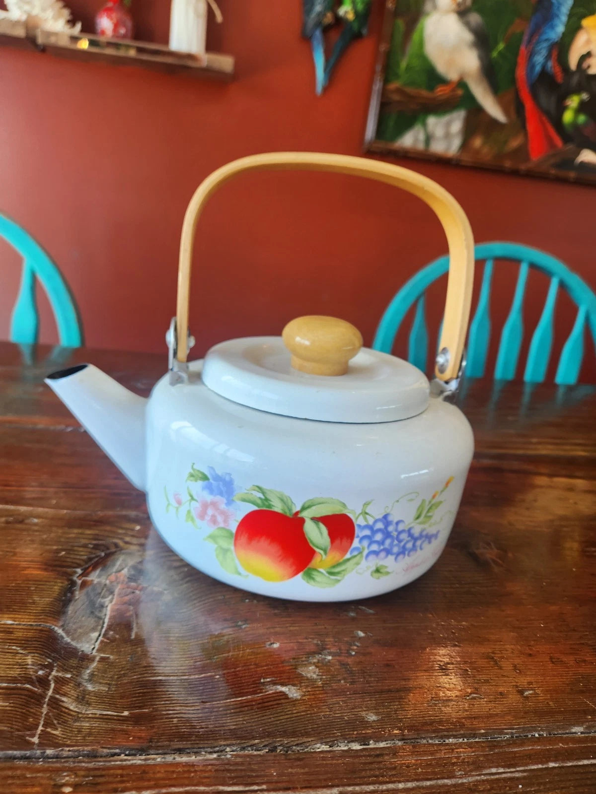 Vtg Old Enamel Porcelain Apple Grapes Wooden Handle Teapot Kettle Indonesia | eBay