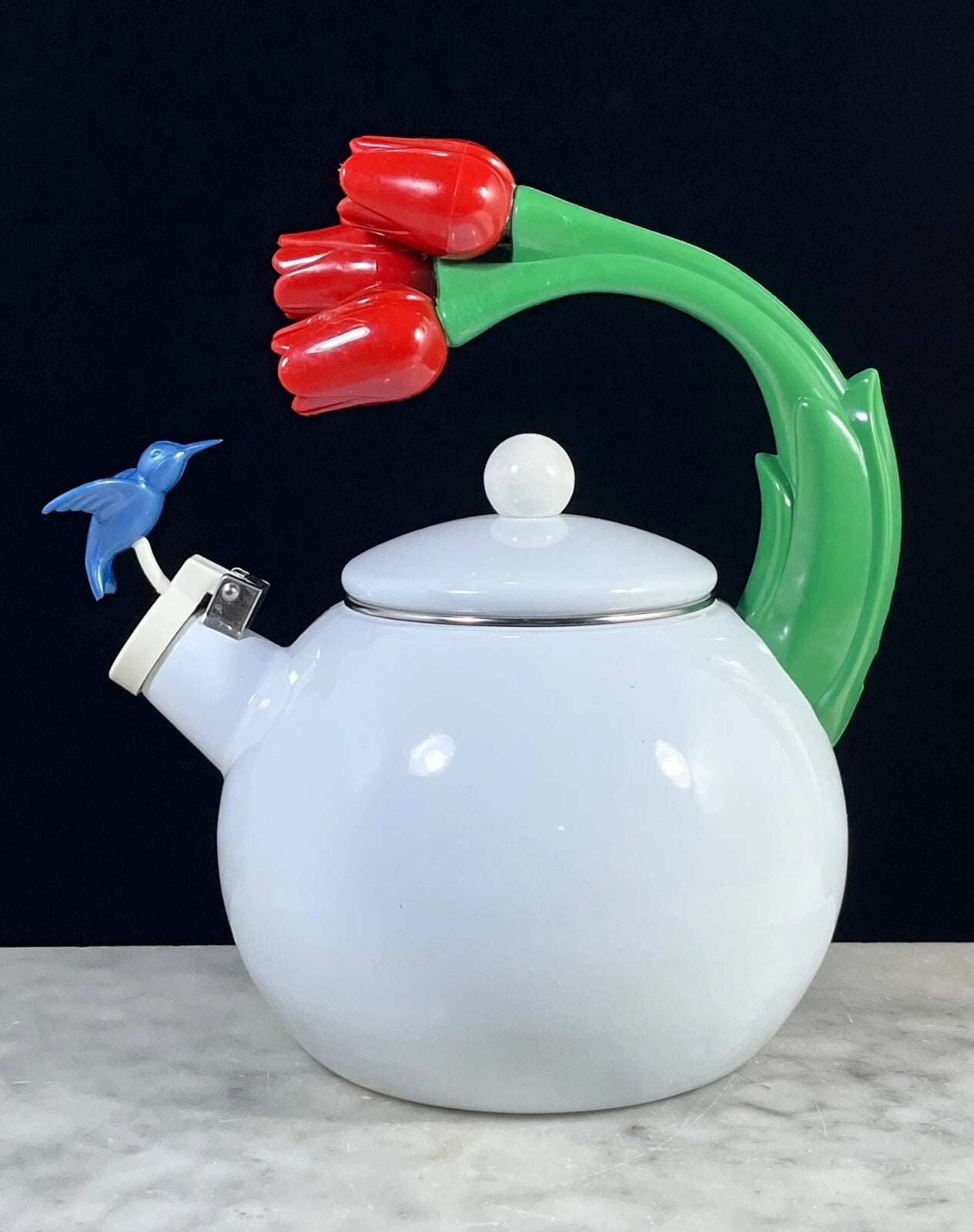 1990s Ancona Enamel Whistling Tea Pot Kettle Blue Hummingbird Red Tulips Vtg EUC | eBay
