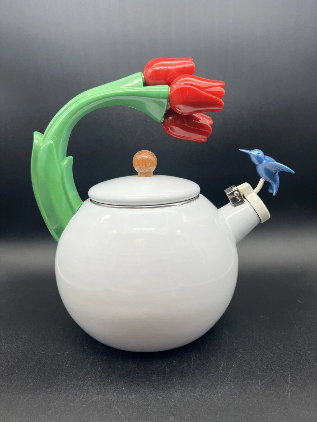 Enamel Metal Teapot Kettle With Tulips Handle And A Humming Bird. | eBay
