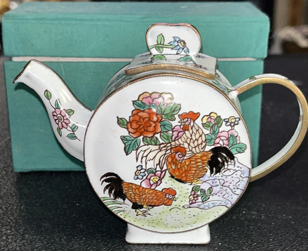 Porcelain Enamel Over Copper Mini Tea Pot With Roosters By Chinemel Fast Ship | eBay