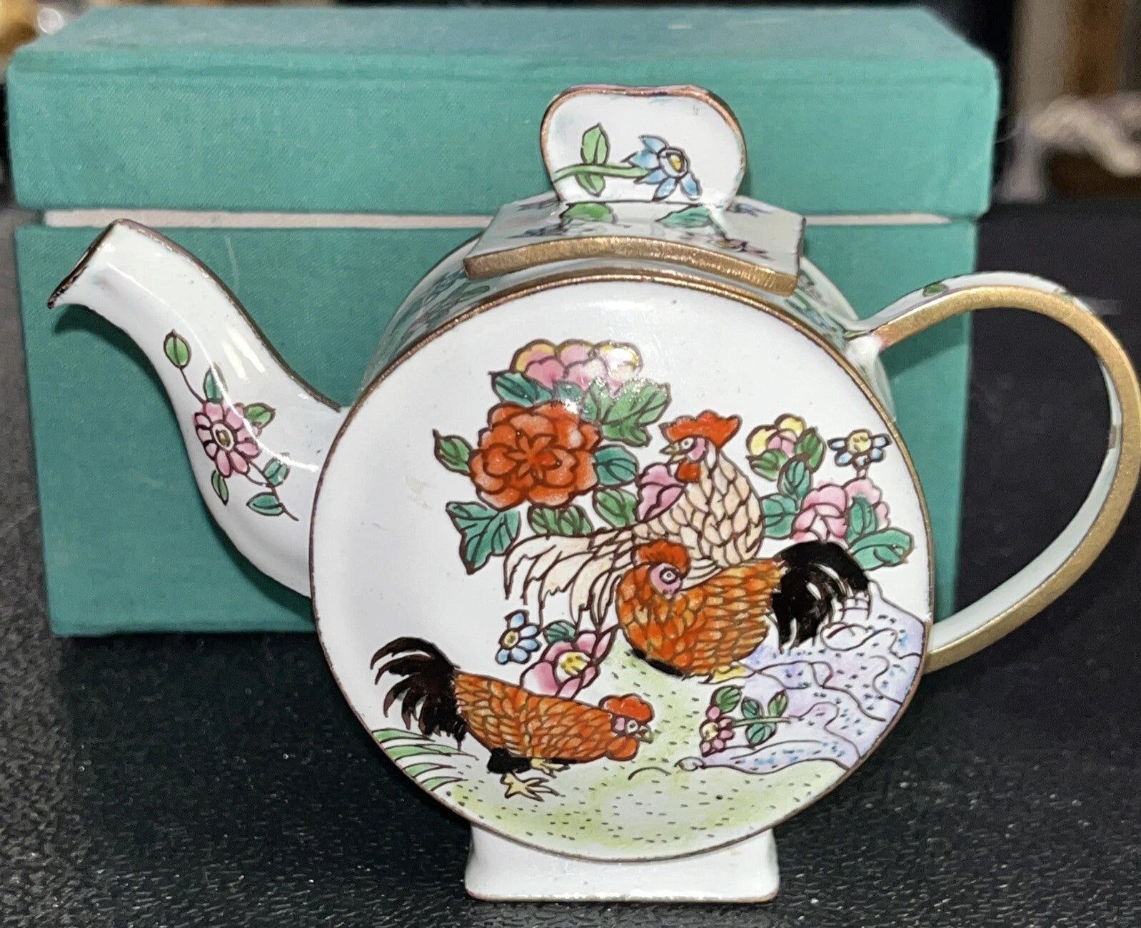 Porcelain Enamel Over Copper Mini Tea Pot With Roosters By Chinemel Fast Ship | eBay