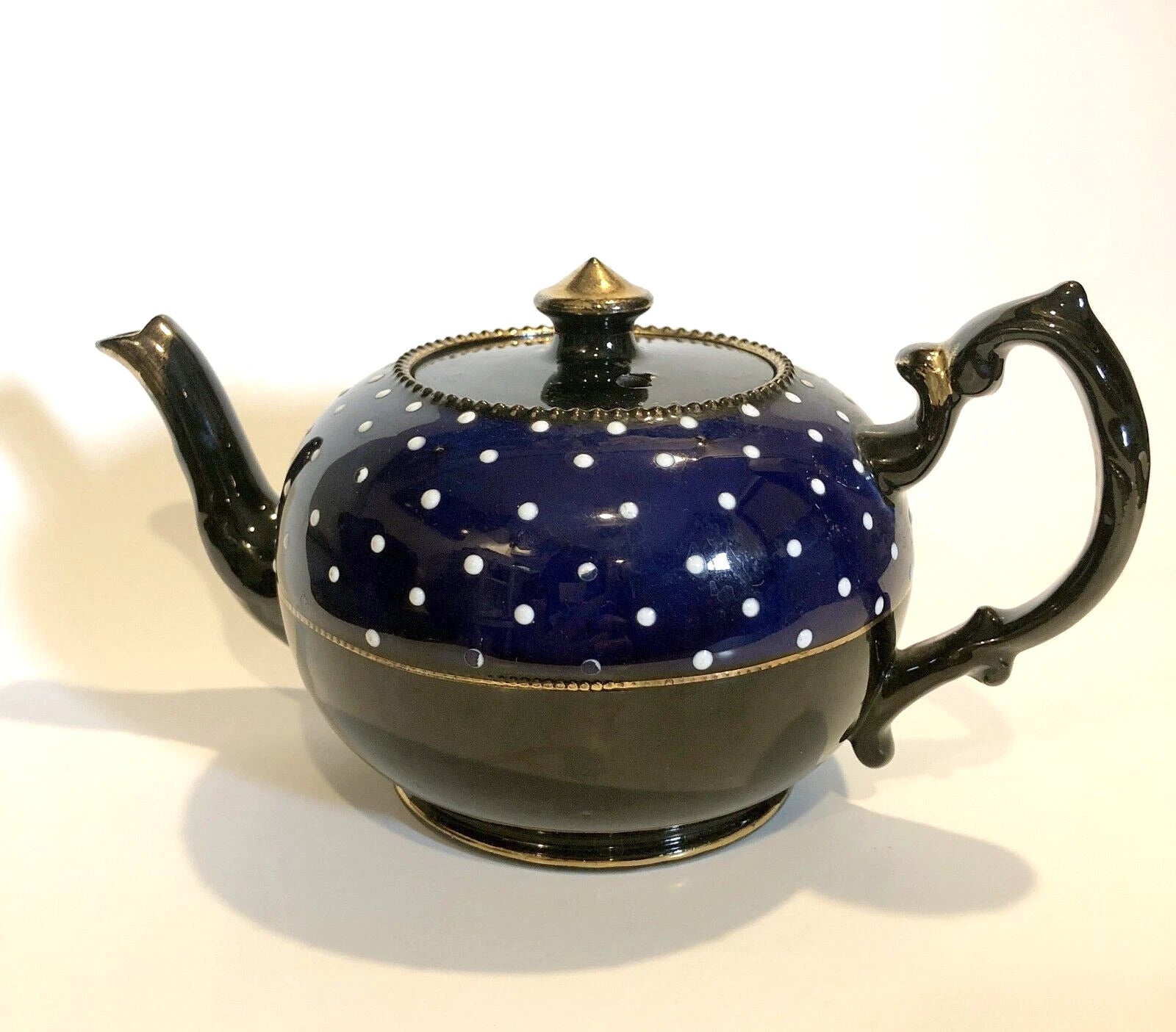 Vintage Teapot Cobalt Blue, Jet Black, White Enameled Dots with Gold Accents | eBay