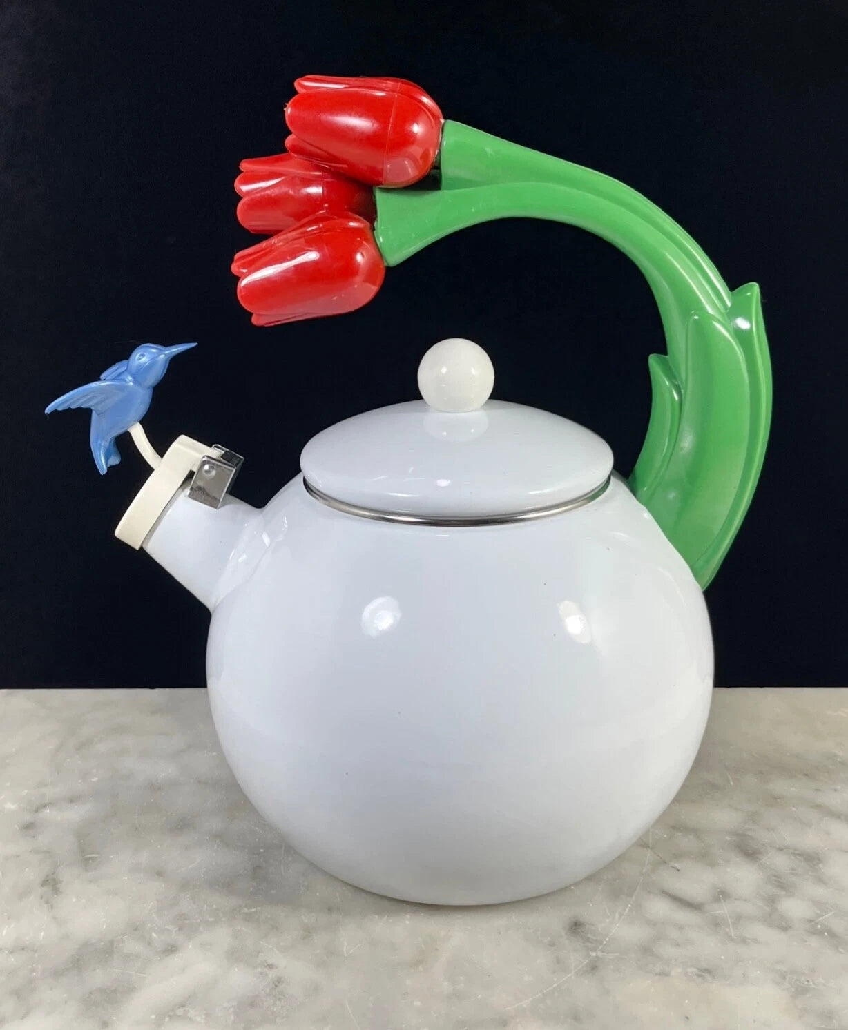1990s Ancona Enamel Whistling Tea Pot Kettle Blue Hummingbird Red Tulips Vtg EUC | eBay