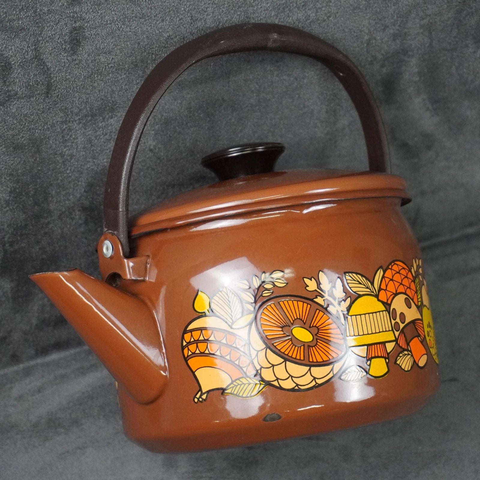 Vintage Brown Enamel Teapot Mushroom Floral Design Metal Handle Retro Kettle 70s | eBay
