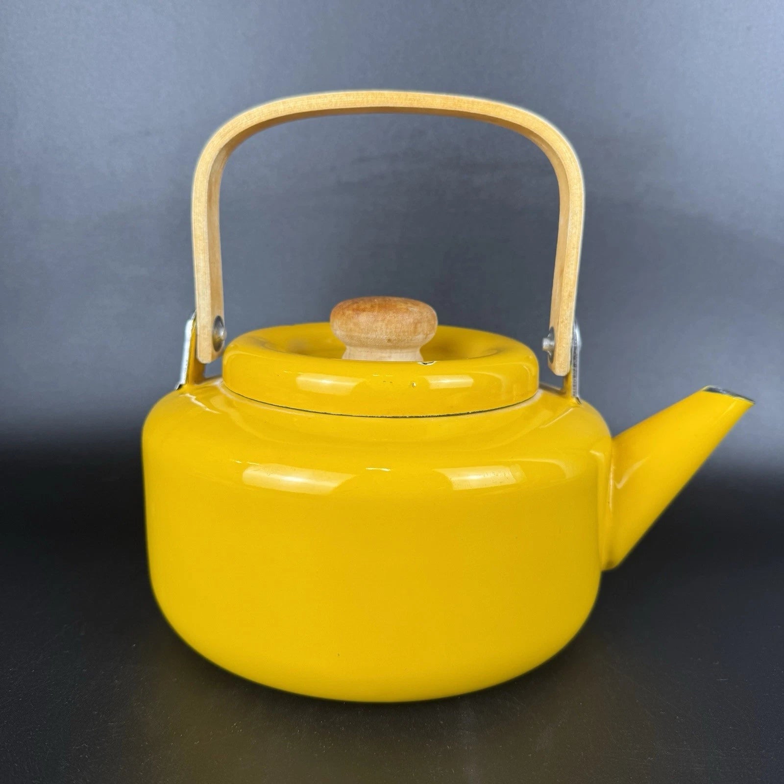 Vintage Yellow Enamel Teapot Tea Kettle MCM Wood Handle | eBay
