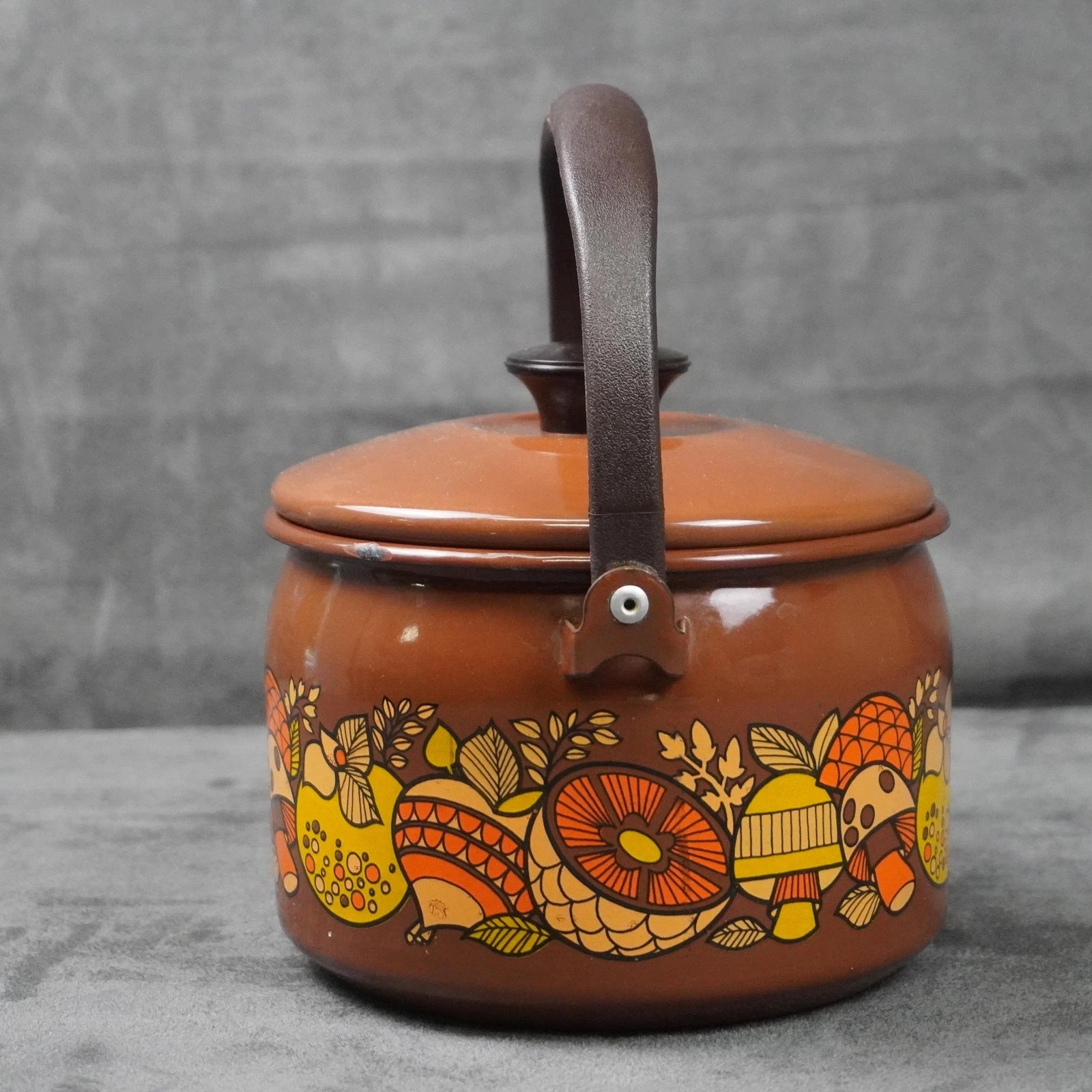 Vintage Brown Enamel Teapot Mushroom Floral Design Metal Handle Retro Kettle 70s | eBay