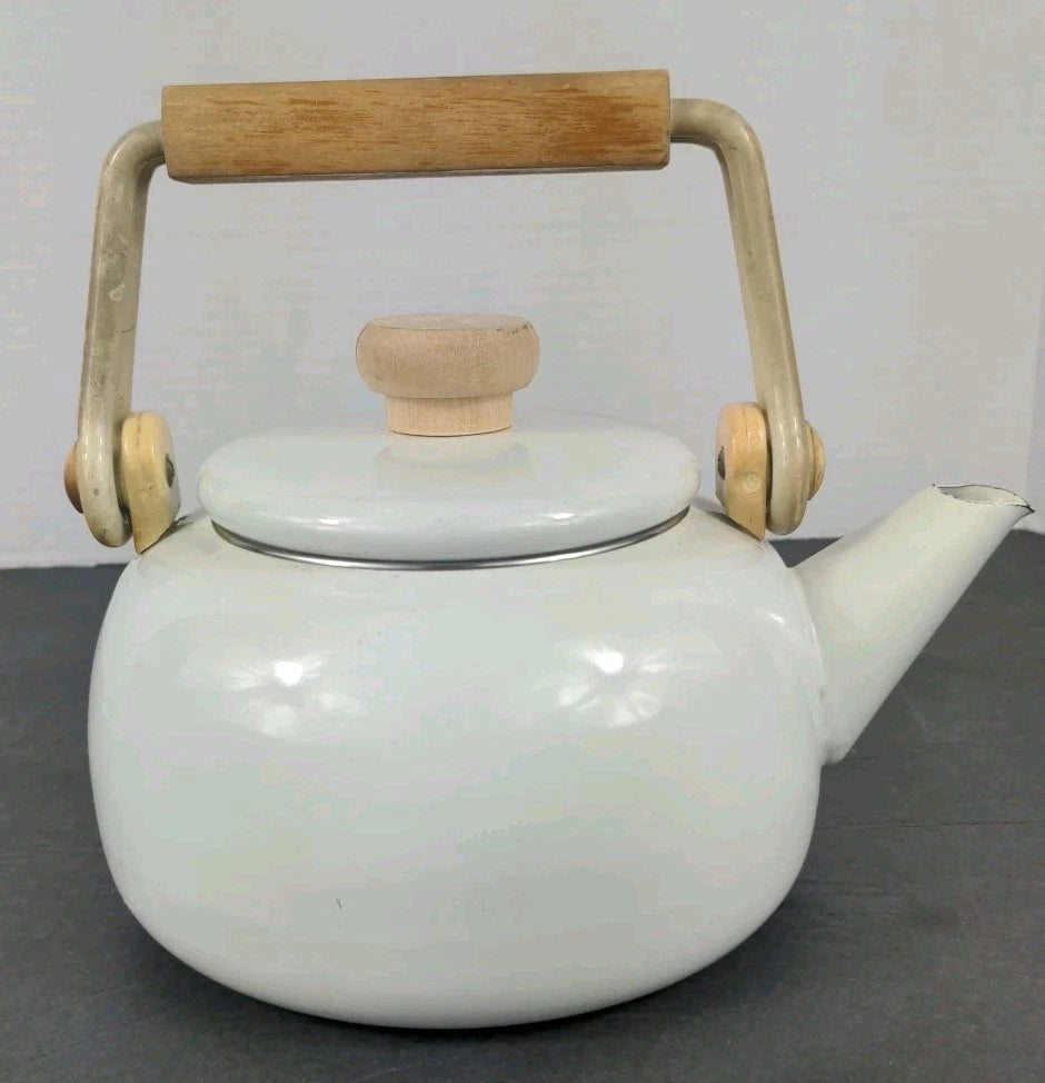Vintage White Enamel Tea Kettle w Wood Handle Thailand | eBay