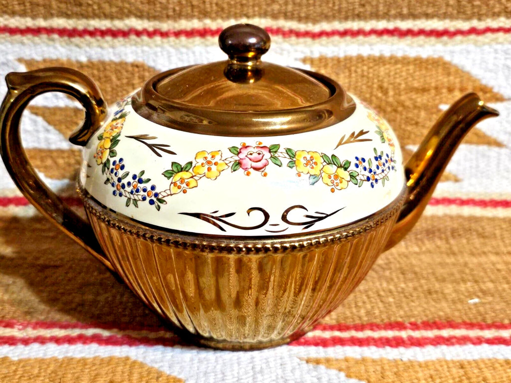 BEAUTIFUL COPPER LUSTRE LUSTER TEAPOT HAND PAINTED ENAMEL FLOWERS GIBSONS N.MINT | eBay