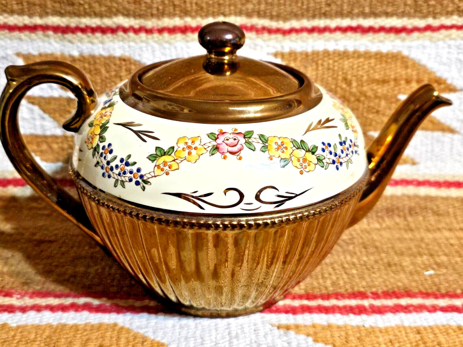 BEAUTIFUL COPPER LUSTRE LUSTER TEAPOT HAND PAINTED ENAMEL FLOWERS GIBSONS N.MINT | eBay