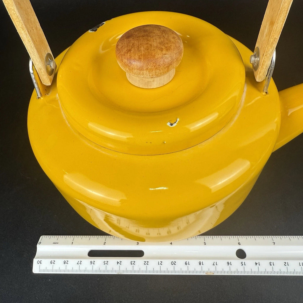 Vintage Yellow Enamel Teapot Tea Kettle MCM Wood Handle | eBay