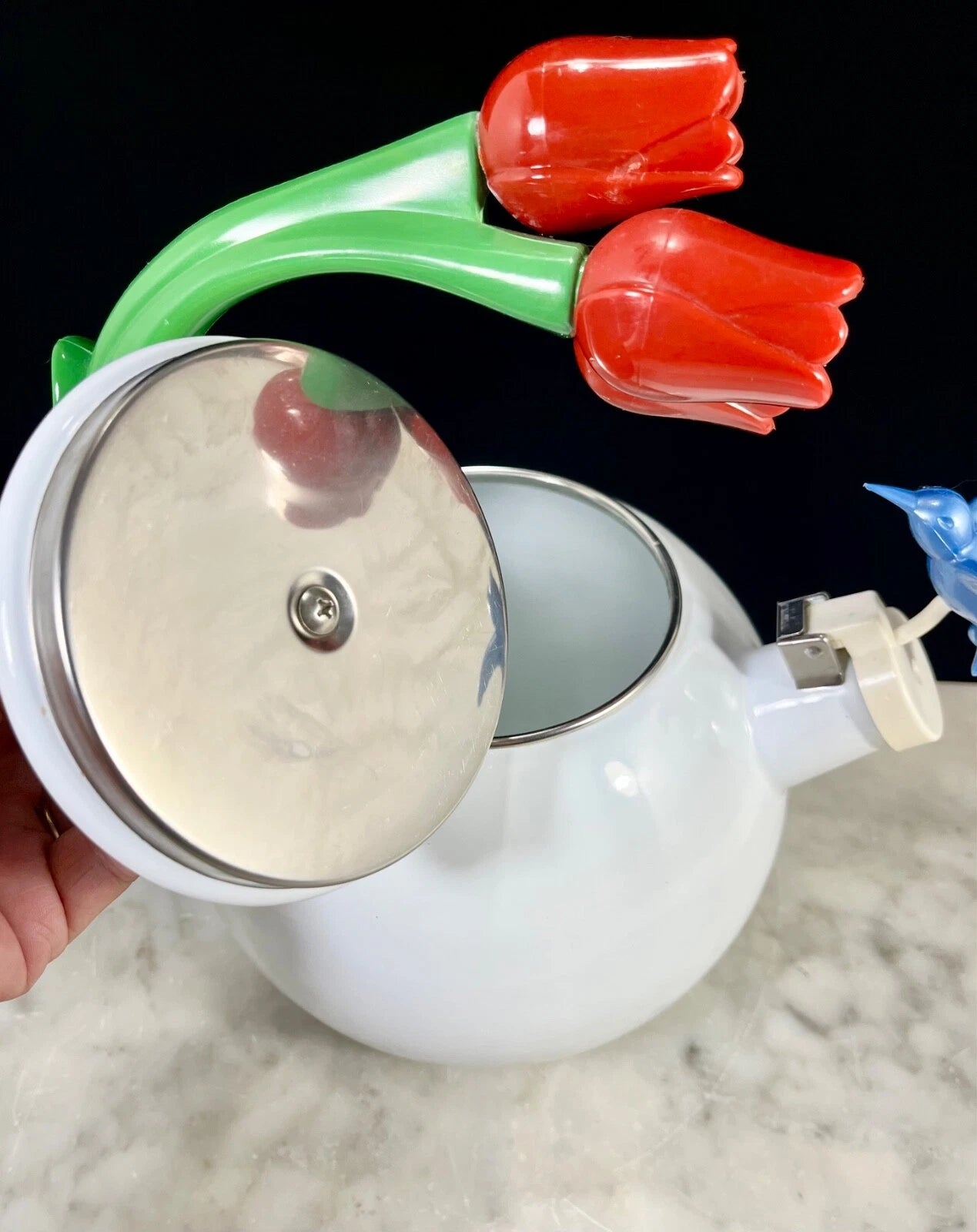 1990s Ancona Enamel Whistling Tea Pot Kettle Blue Hummingbird Red Tulips Vtg EUC | eBay