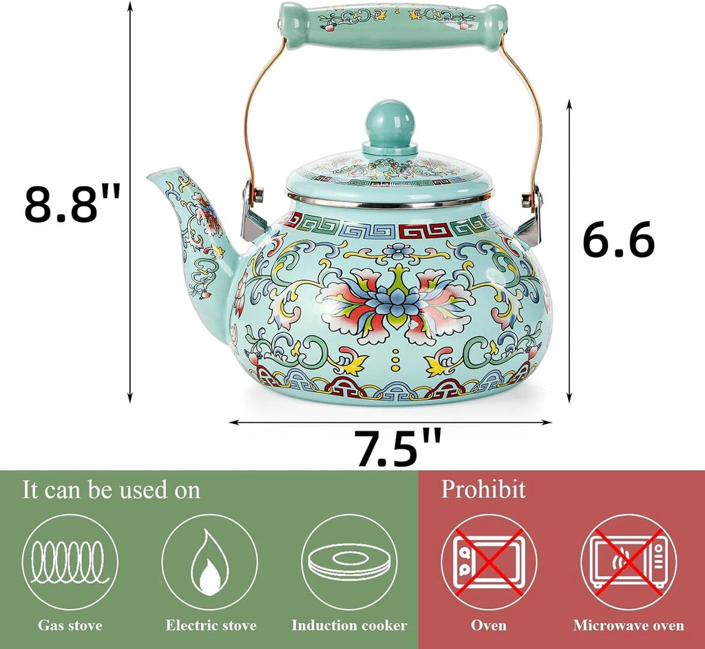 2.6 Quart Vintage Enamel Tea Kettle Large Enameled Floral Teapot Flower Enamel | eBay