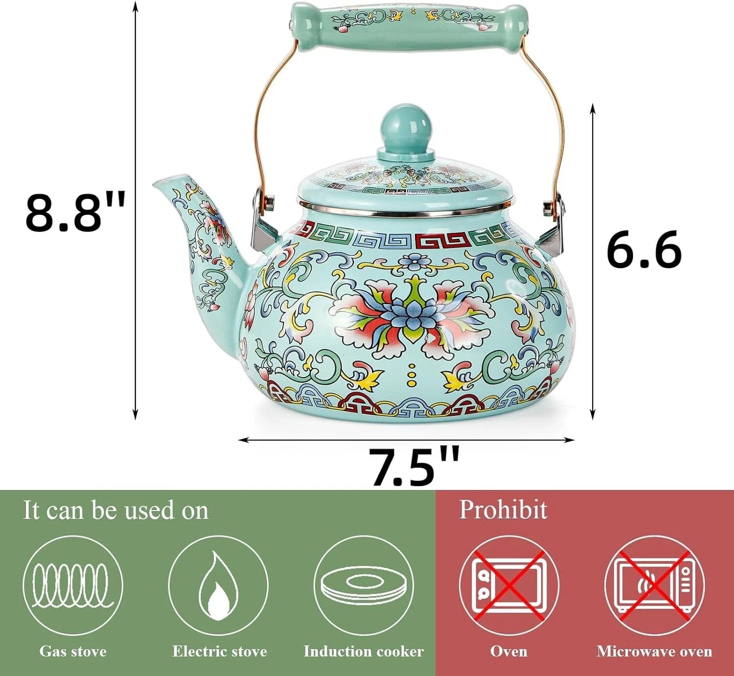 2.6 Quart Vintage Enamel Tea Kettle Large Enameled Floral Teapot Flower Enamel | eBay