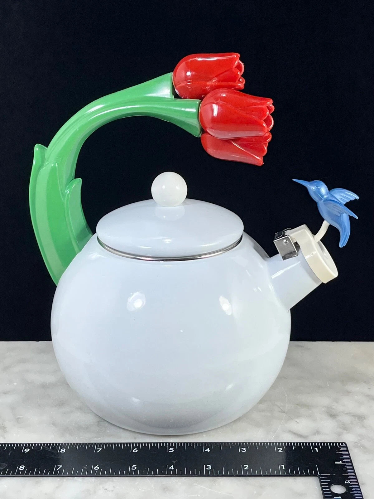 1990s Ancona Enamel Whistling Tea Pot Kettle Blue Hummingbird Red Tulips Vtg EUC | eBay