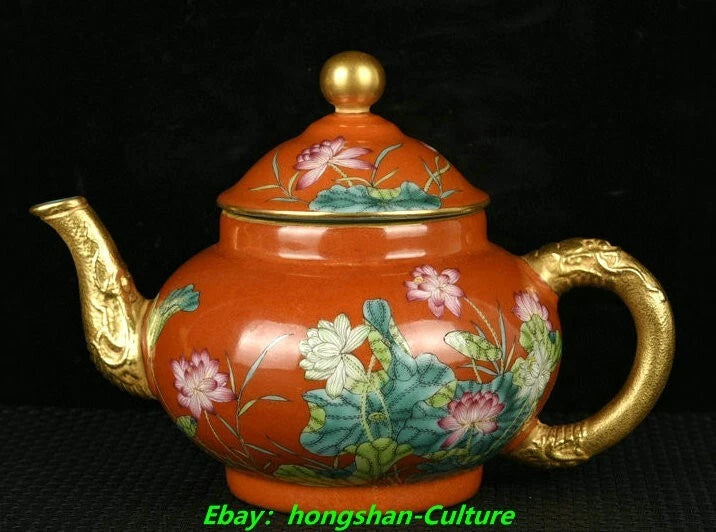 7" Qianlong Red Glaze Enamel Colour Porcelain Gold Lotus Wine Tea Pot Flagon | eBay