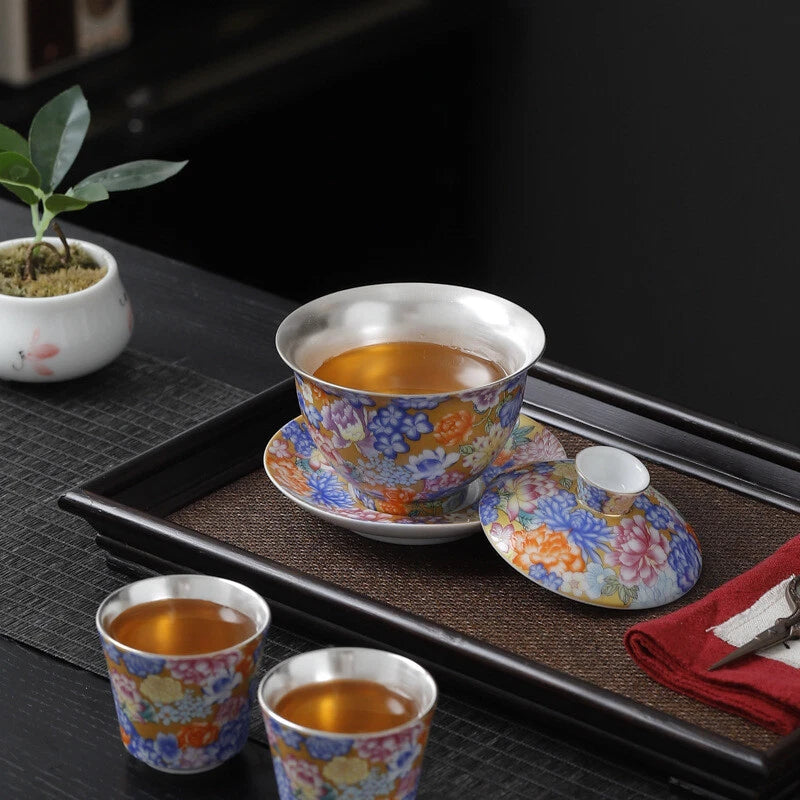 Enamel Craft Complete Tea Set Pure Silver Porcelain Gaiwan Tea Pot Cup Pitcher | eBay