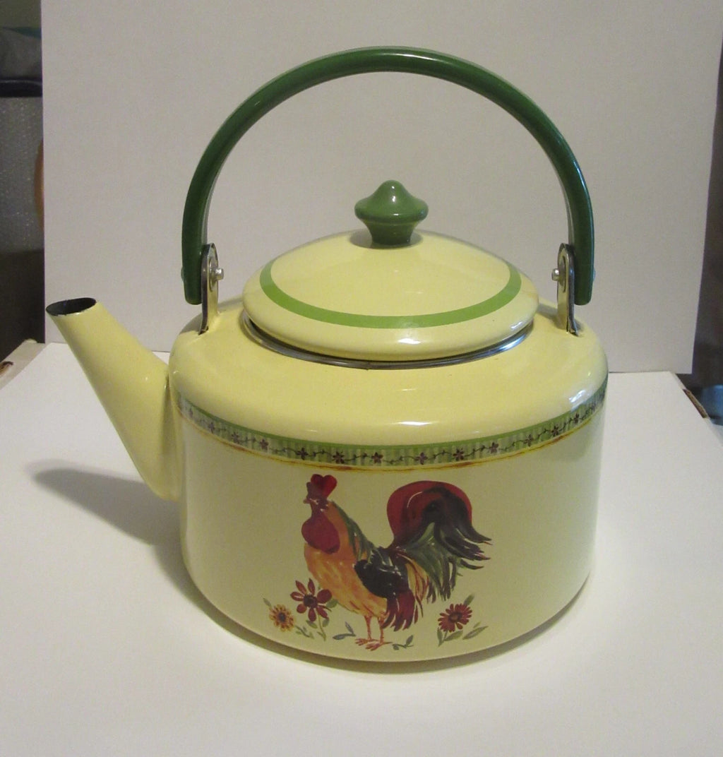 Rooster with flowers painted enamel Metal Tea Pot never used | eBay