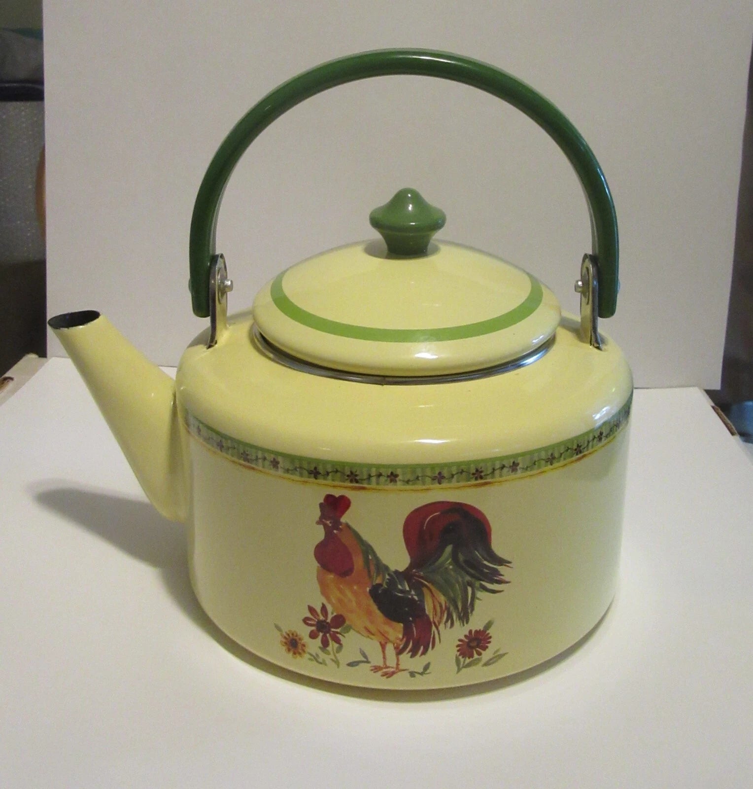 Rooster with flowers painted enamel Metal Tea Pot never used | eBay