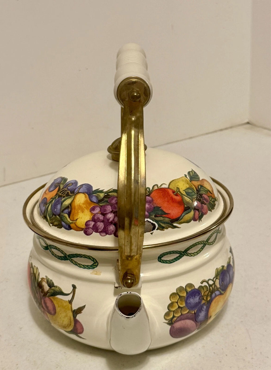 Lincoware Enamel Orchard Royal 8 CUP Teapot Kettle w/handle and brass top | eBay